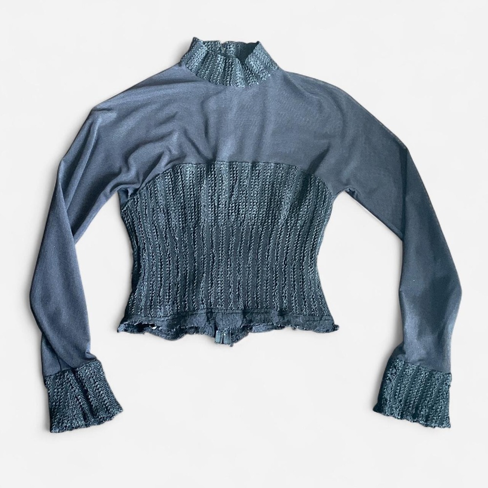 Tadashi Black long sleeve small turtleneck fitted top with mesh illusion